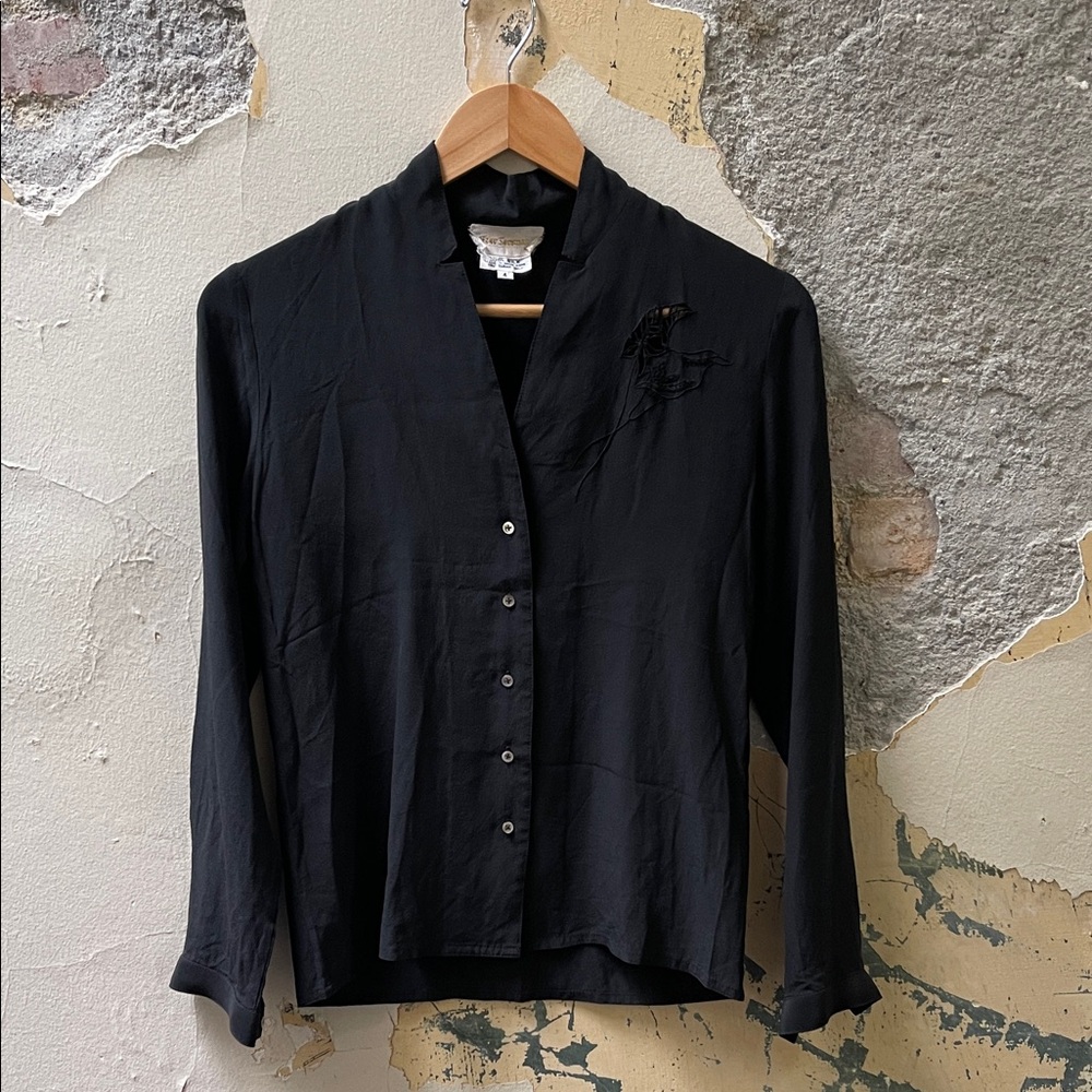 Vintage Silk Button Down with Embroidered Calla Lily Cutout and Shell Buttons